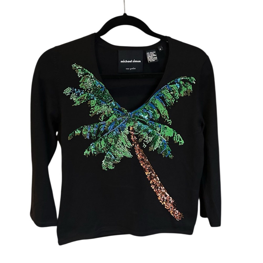 VINTAGE Y2K MICHAEL SIMON Rubbed Silk Sequined Palm Tree Knit Top‎ S